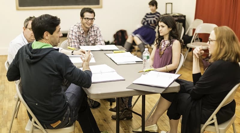 Michael Berresse, Paul Gordon, Brian Fenkart, Sarah Stiles and Harriett Harris in rehearsal:  25th Annual Festival of New Musicals