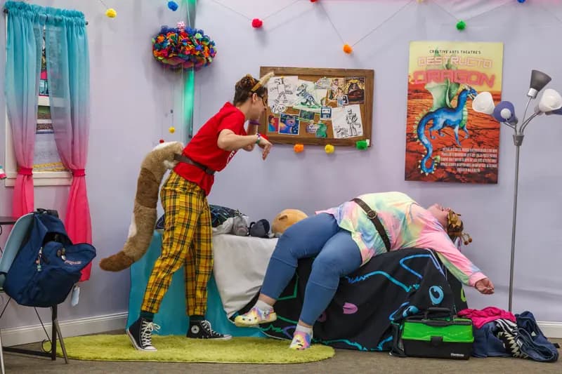 Ashley Whiting as Cass (left) and Jess Glass as Ray (right): The City of Tampa's Creative Arts Theatre Company's production of PRESENTING: SUPER CAT & REPTILE ROBOT (2023)