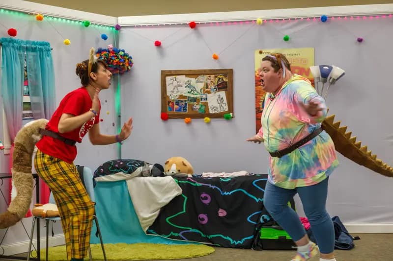 Ashley Whiting as Cass (left) and Jess Glass as Ray (right): The City of Tampa's Creative Arts Theatre Company's production of PRESENTING: SUPER CAT & REPTILE ROBOT (2023)